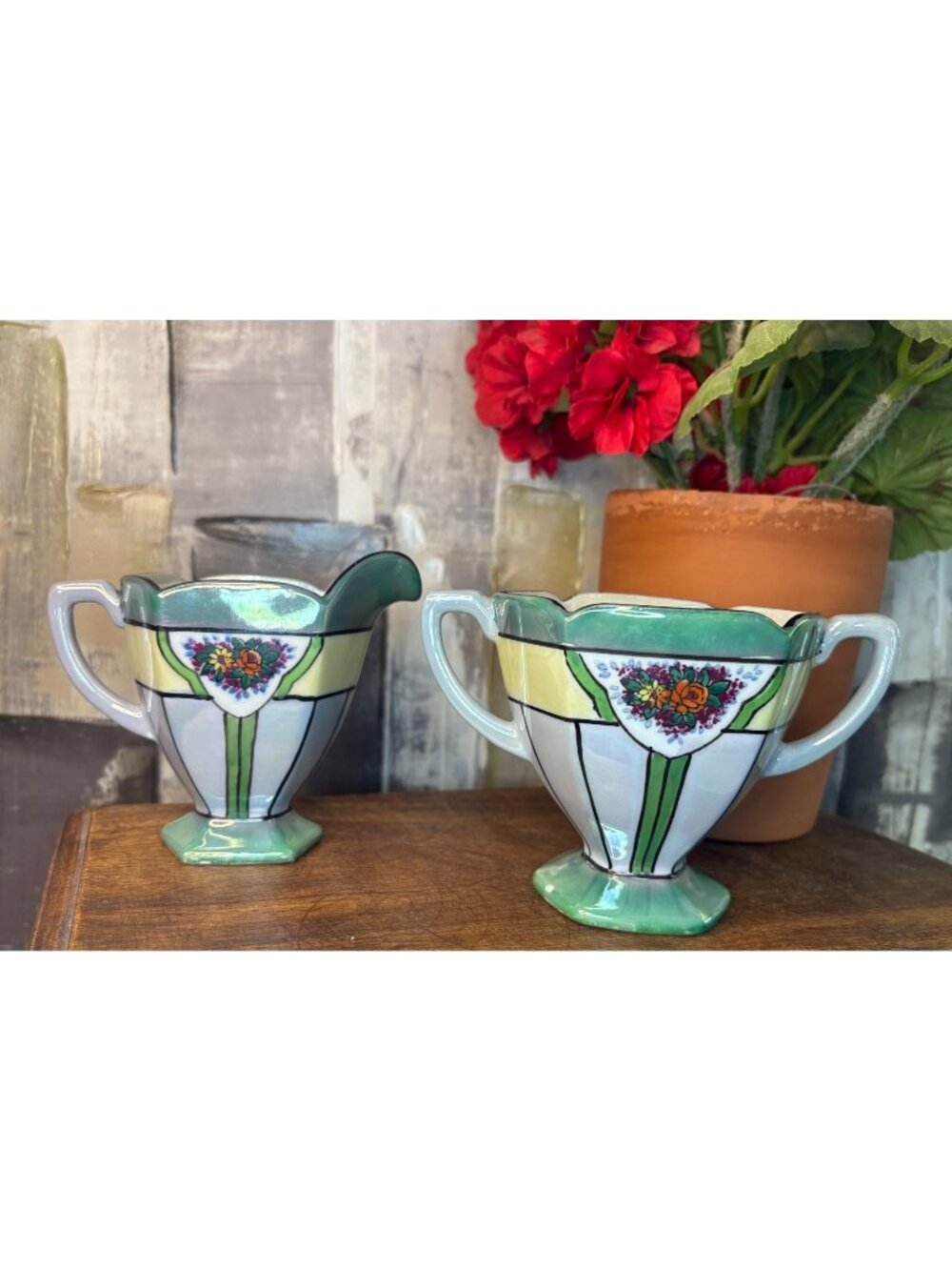 Vintage Gold Castle Lusterware Hand Painted Creamer & Open Sugar Japan